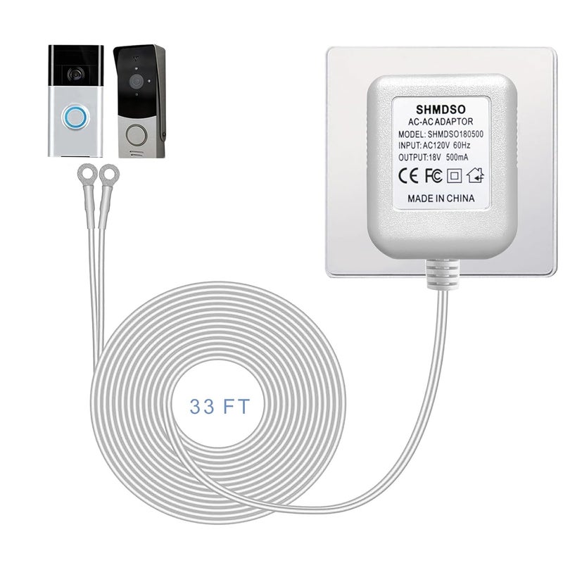 SHMDSO 18V Doorbell Power Supply Compatible with Nest Wyze Eufy Ring Doorbell Transformers 33 Feet Output Cable,18V500MA Adapter (33 Feet White) - Image 1